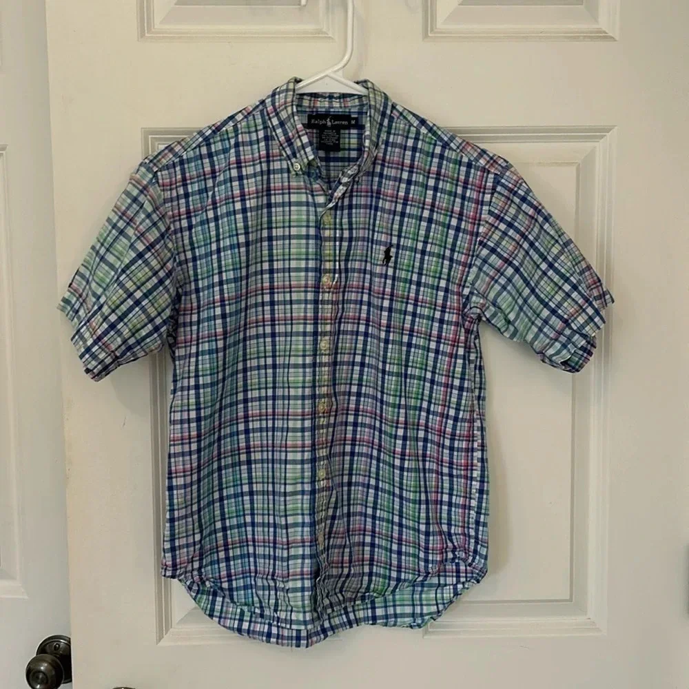 Ralph Lauren blue plaid button-down shirt size medium 10-12 short sleeve